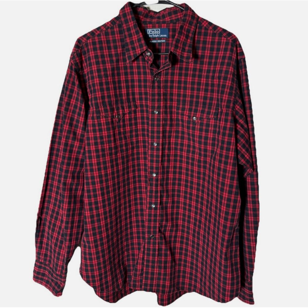 Polo Ralph Lauren Classic Western Shirt Mens Size XL Red Black Plaid Pearl Snaps